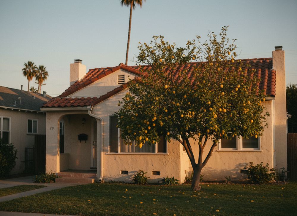Casa de una planta con techo de teja y un limonero en el jardín, al atardecer