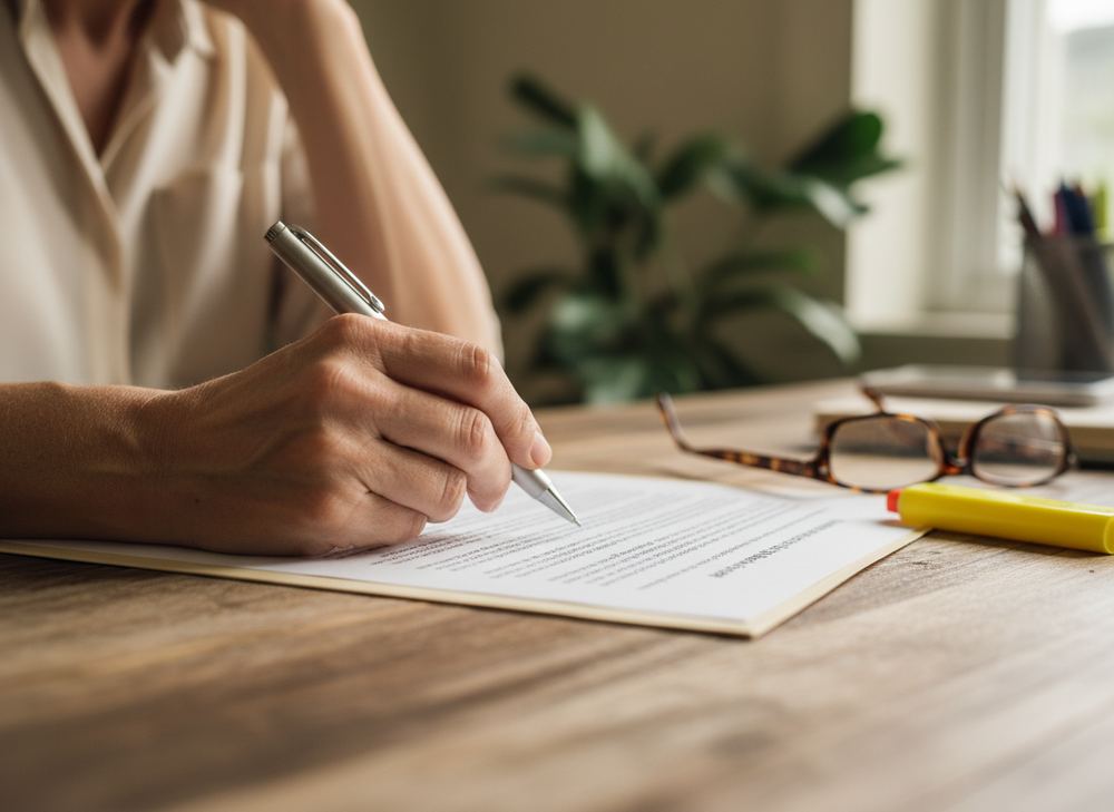 Mano con pluma que se detiene a leer un documento antes de firmar