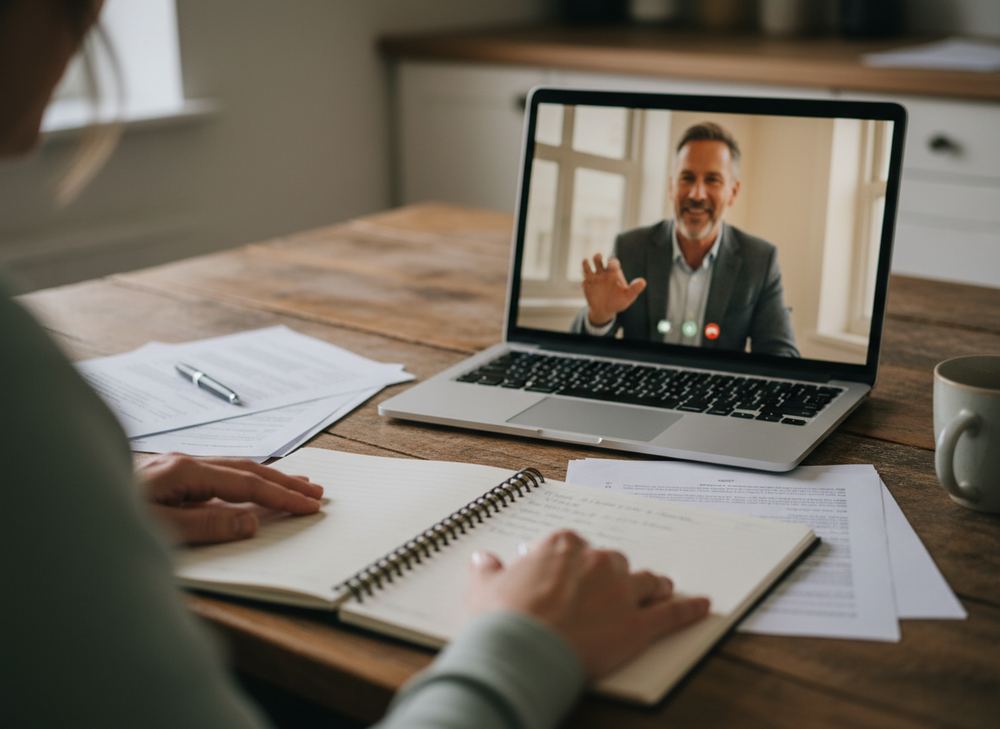 Videollamada con un consultor, con libreta y documentos sobre la mesa